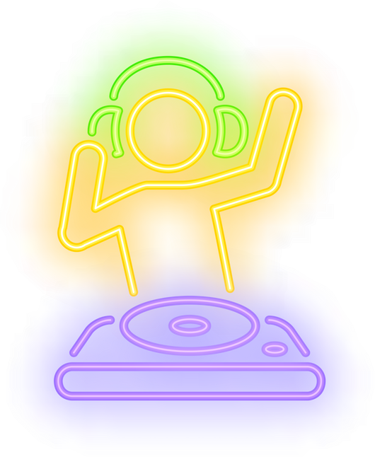 Disk jokey with dj mixer neon sign. Music, party and sound concept. Advertisement design. Night bright neon sign, colorful billboard, light banner. Illustration in neon style.